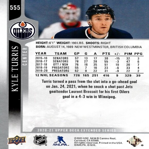 Kyle Turris (Oilers) 2020/2021 Upper Deck Extended Series Card - Card Number 555 - Picture 2 of 2
